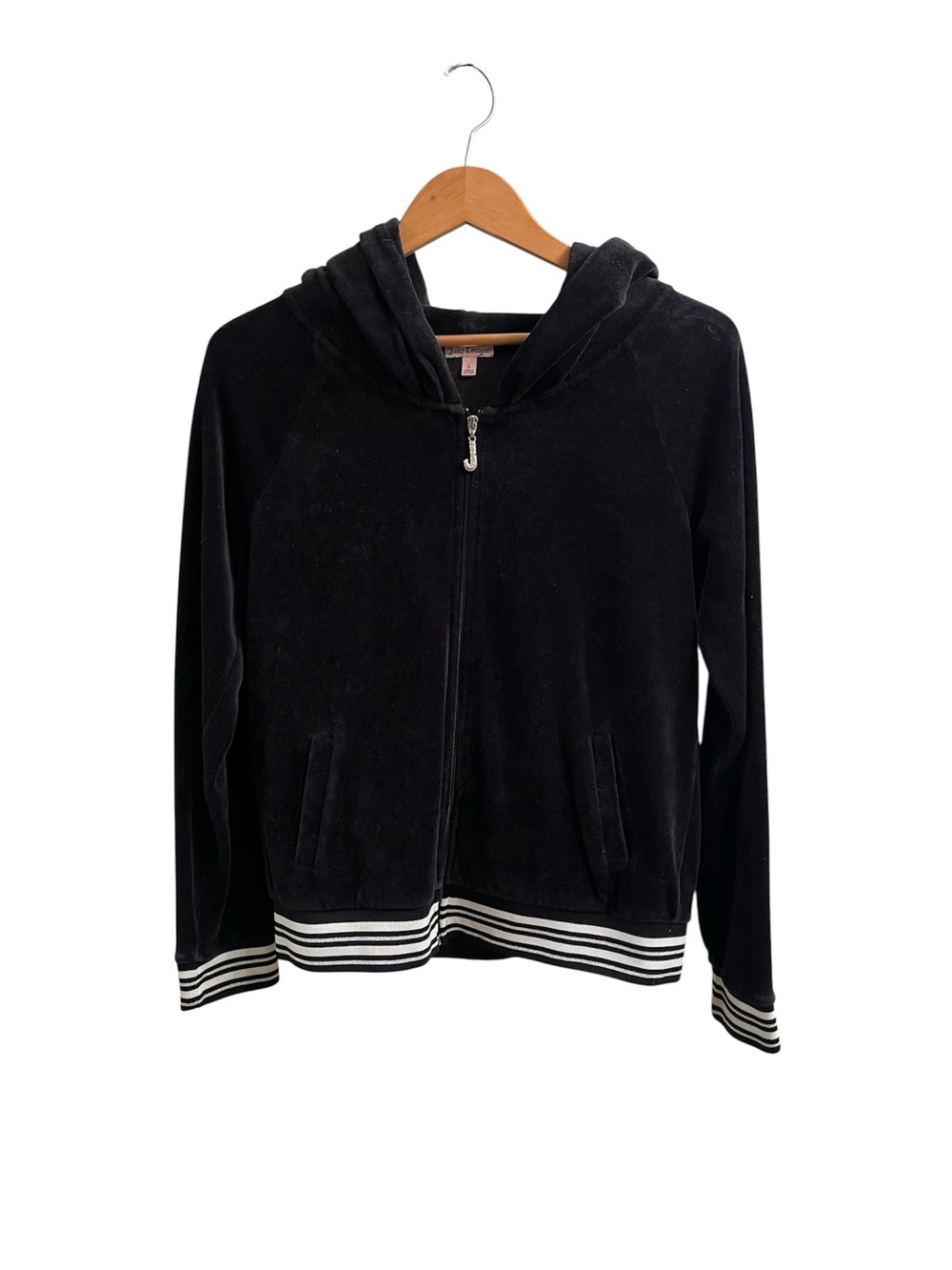 Vintage Juicy Couture Black Velour Zip Hoodie with White Striped Trim